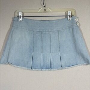 Vtg 90s Y2K Hurley Pleated Micro Mini Denim Skirt 31x12 Light Wash Blue Retro